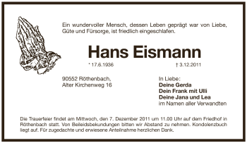 Traueranzeige von Hans Eismann von Pegnitz-Zeitung
